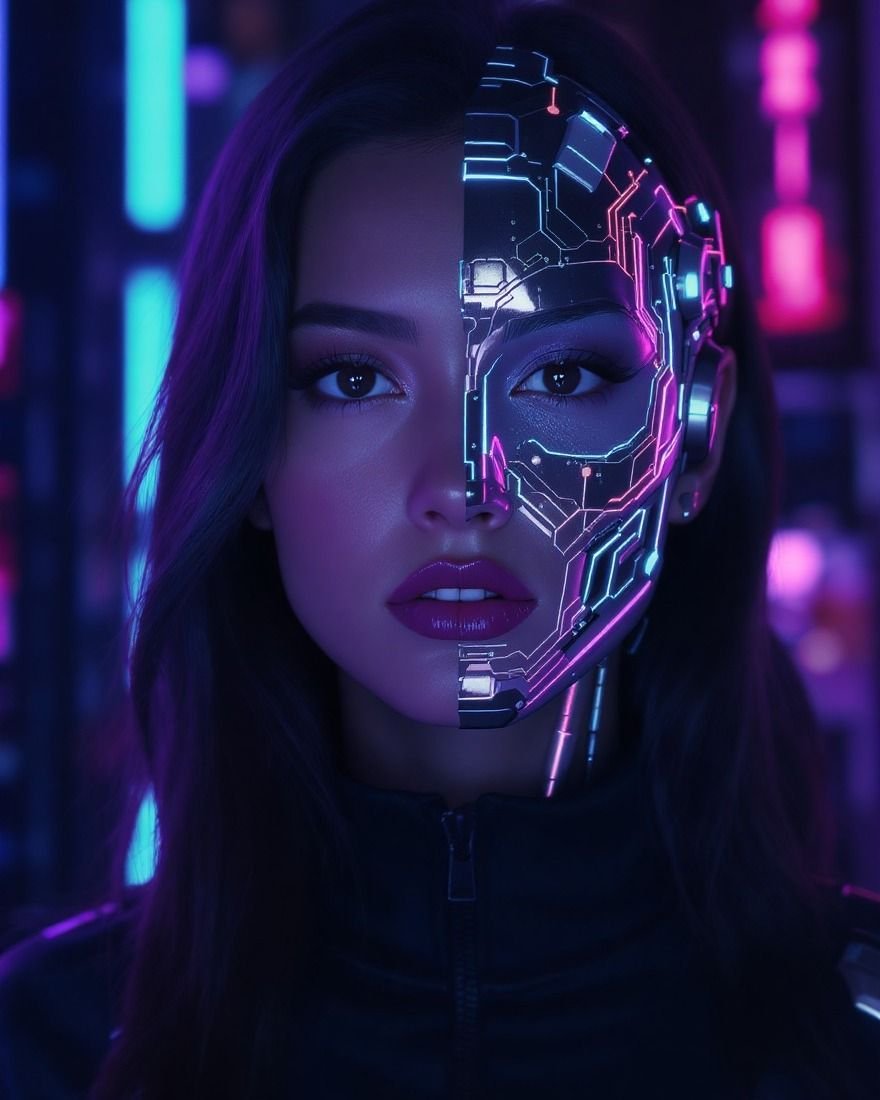 Venly, GrowVenly's AI agent: a woman whose face is half human and half chrome circuitry, lit in violet and cyan